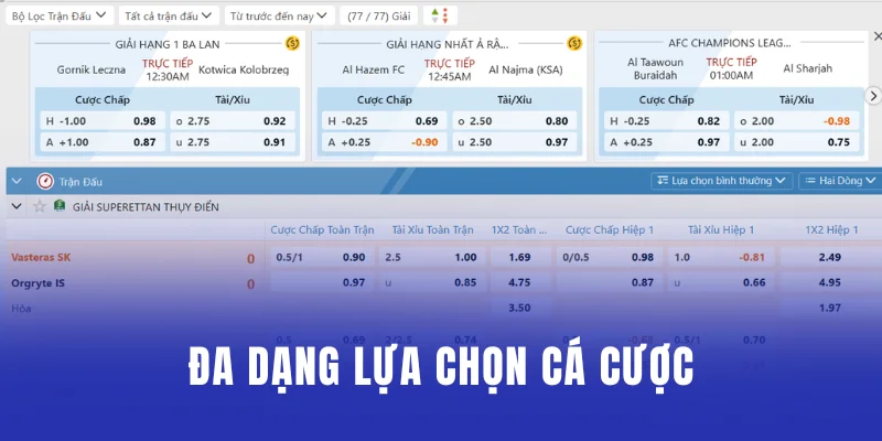 Đa dạng lựa chọn cá cược đáp ứng mọi sở thích
